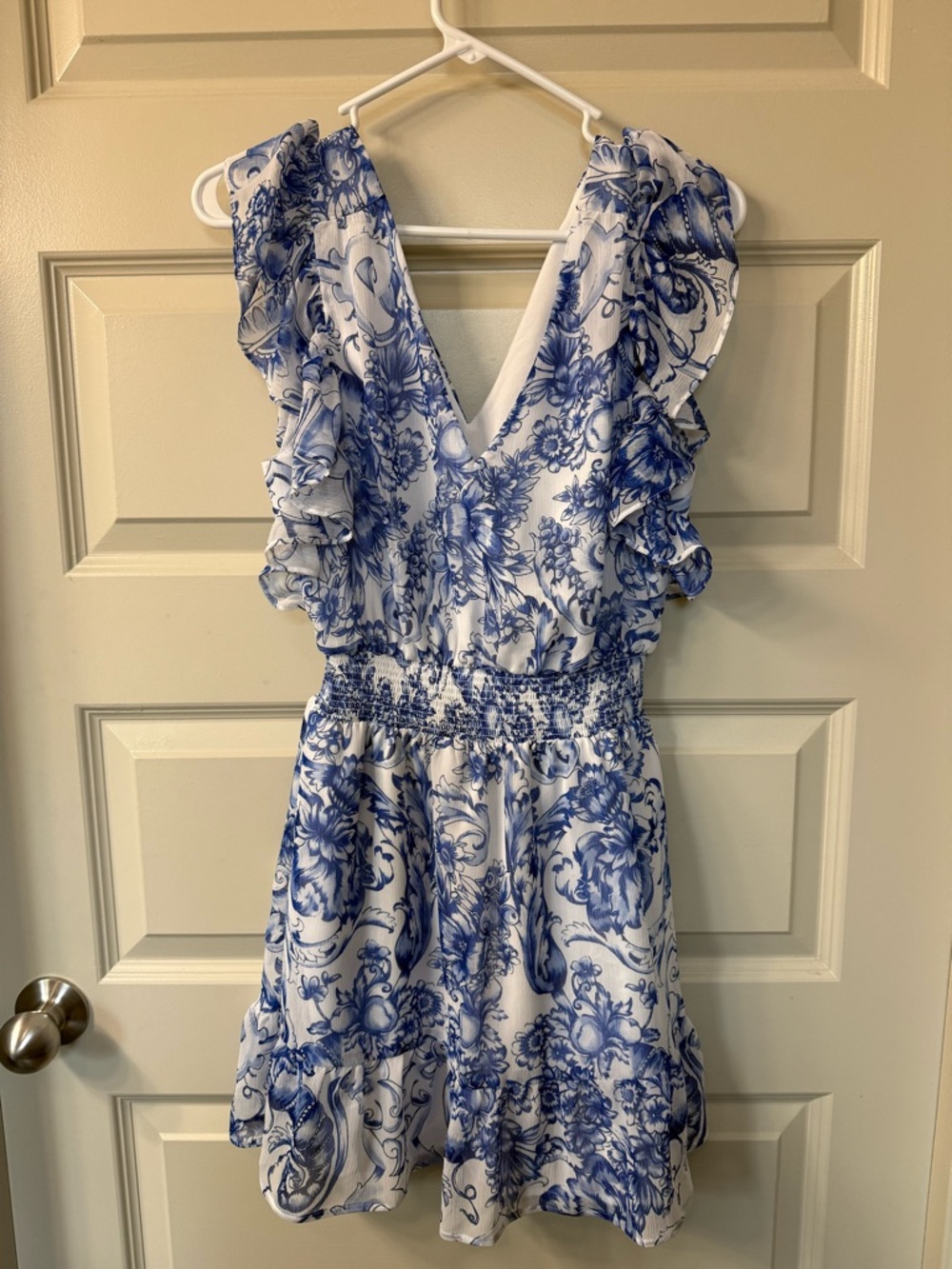 Blue and White Floral Ruffle Dress
